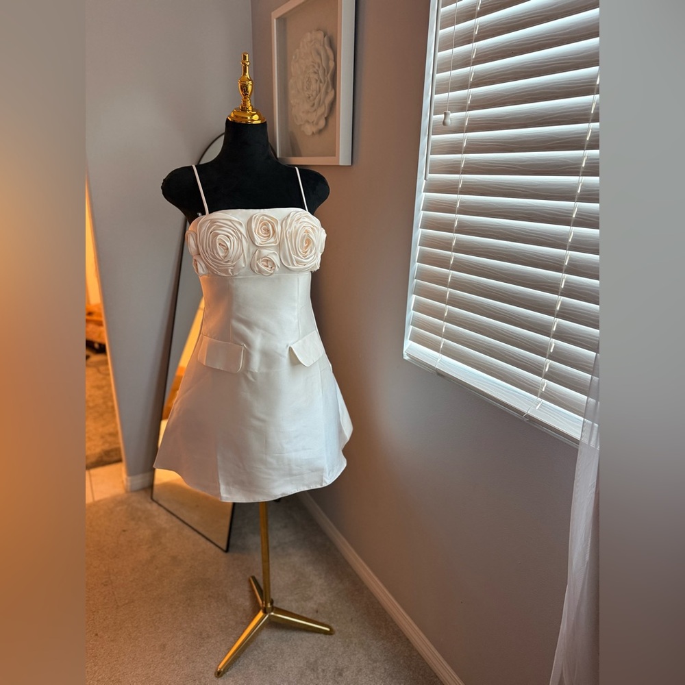 White Spaghetti Strap A-Line Dress with Rosette Bodice